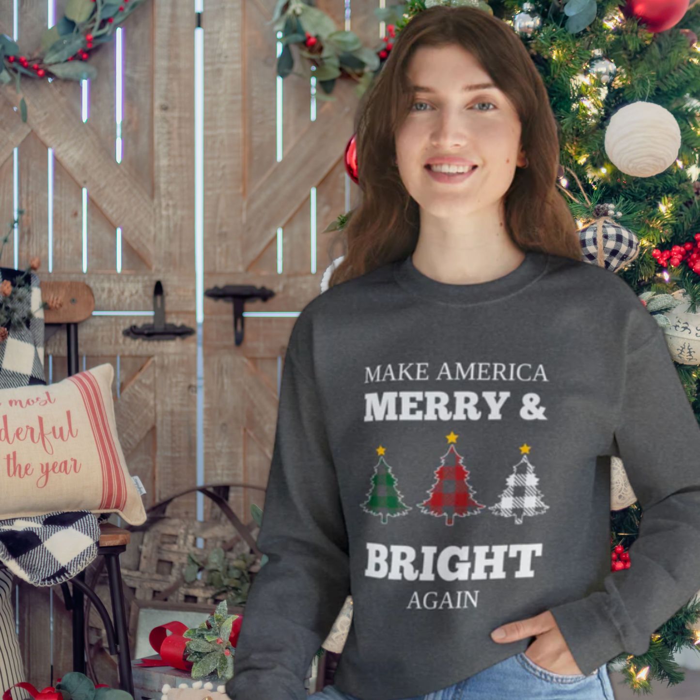 Plaid Trees Make America Merry & Bright Again Unisex Heavy Blend™ Crewneck Sweatshirt