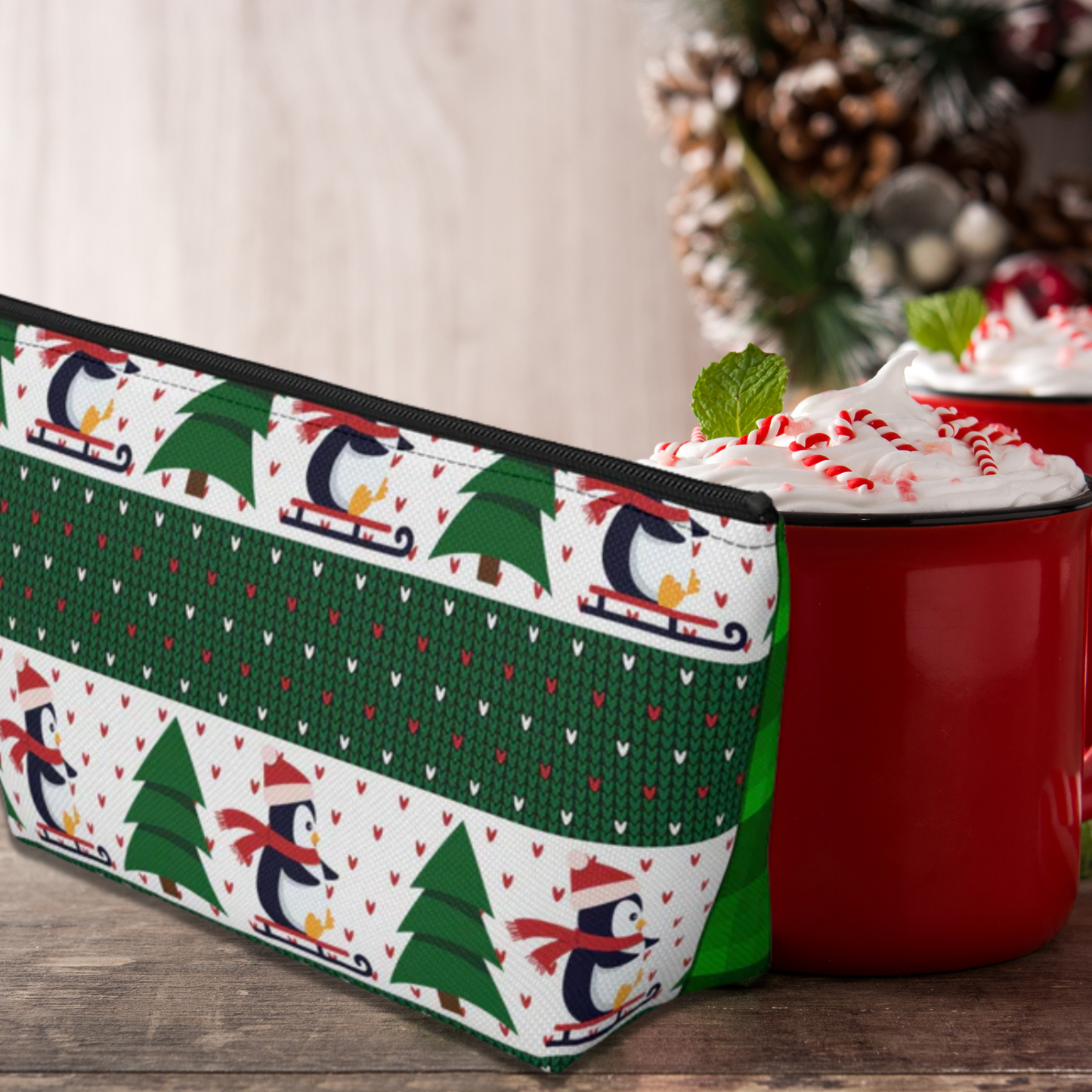 Sledding Penguins Green Plaid Accessory Pouch w T-bottom