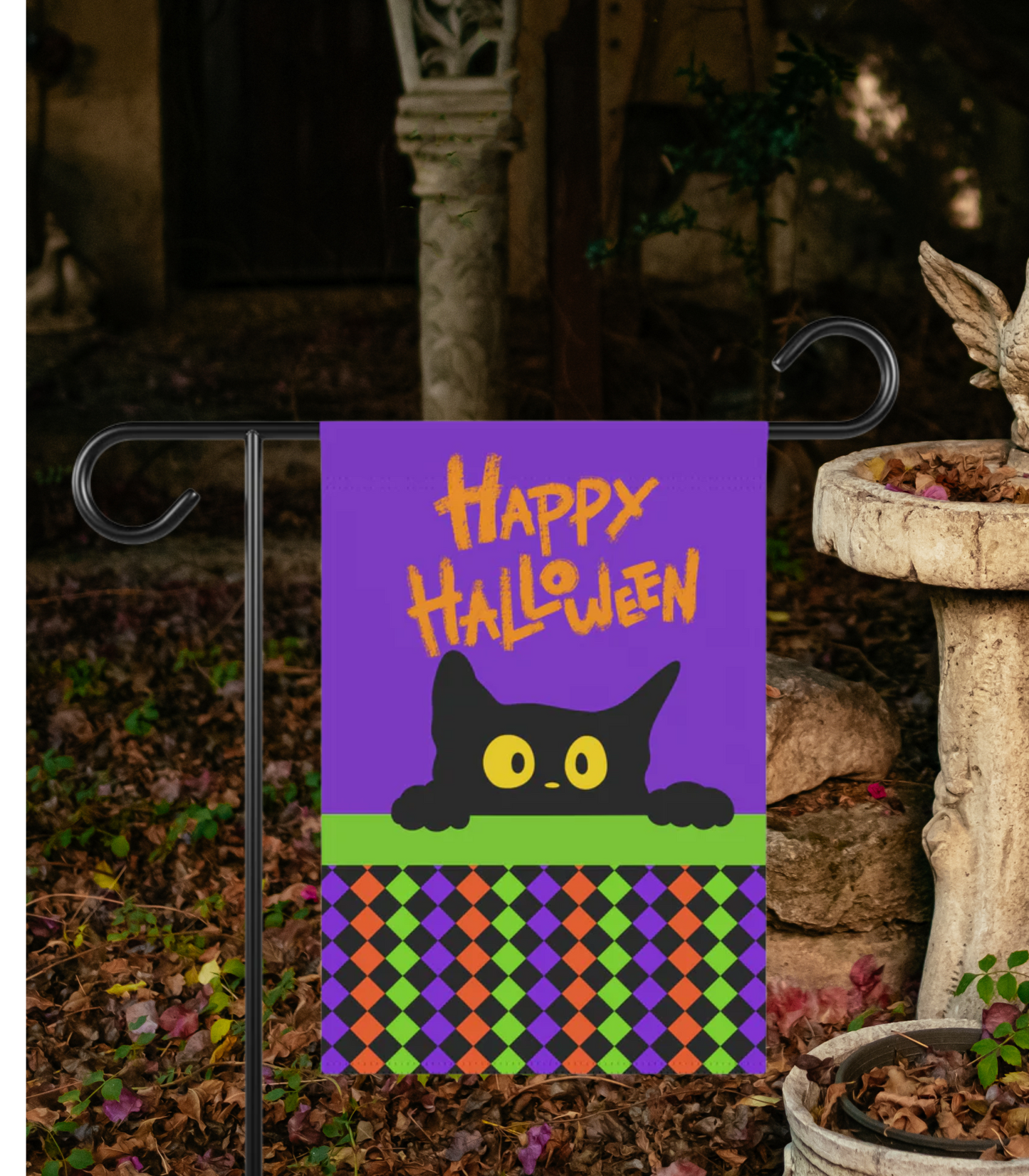 Black Cat Happy Halloween 2-Sided Garden Banner