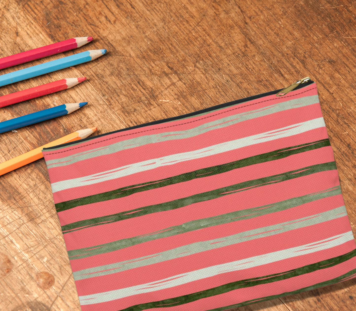 Utah Green Stripes on Melon  flat zipper Accessory Pouch