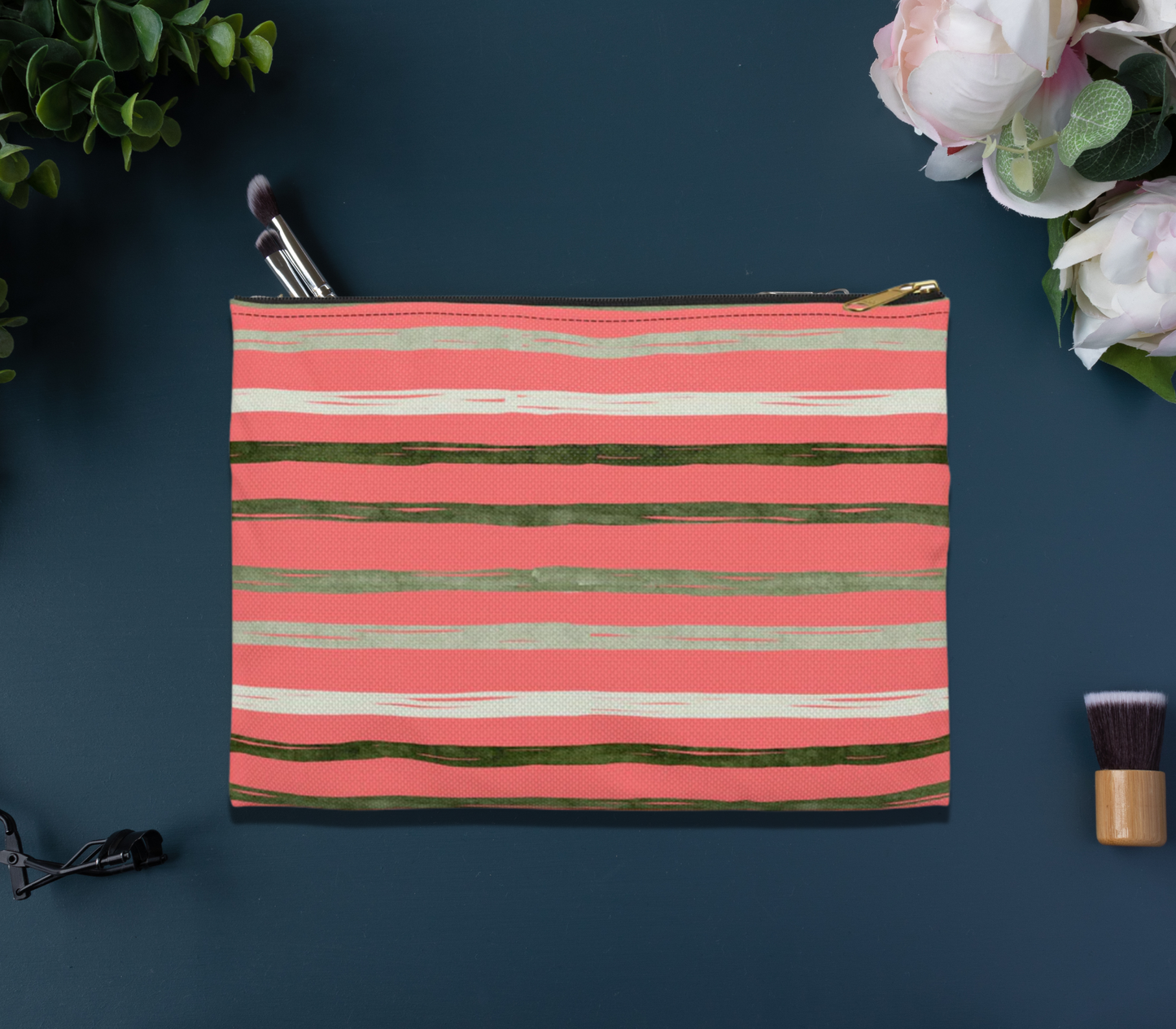 Utah Green Stripes on Melon  flat zipper Accessory Pouch