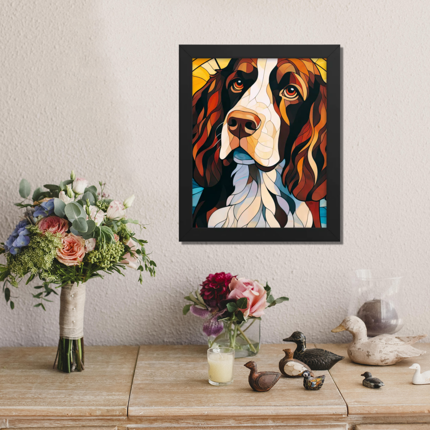 English Springer Spaniel Stained Glass Look Framed poster