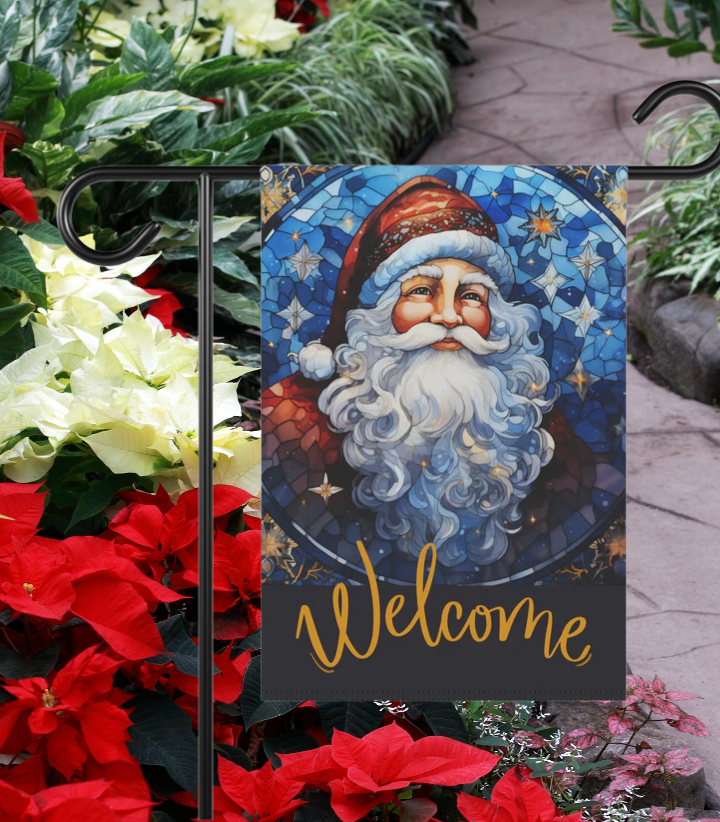 Santa Welcome Stained Glass Look 2-Sided Garden & House Banner