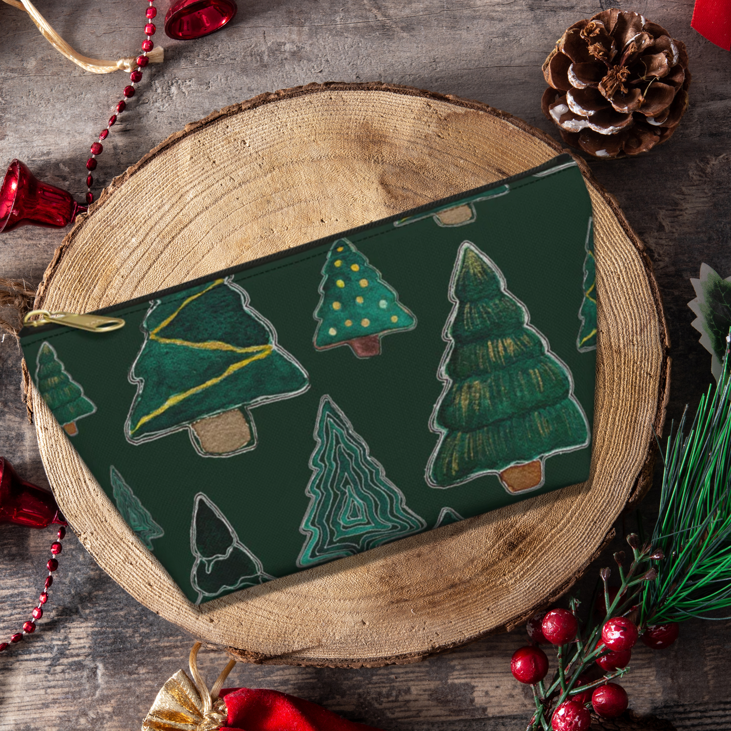 Christmas Tree Cutouts on Green Accessory Pouch w T-bottom