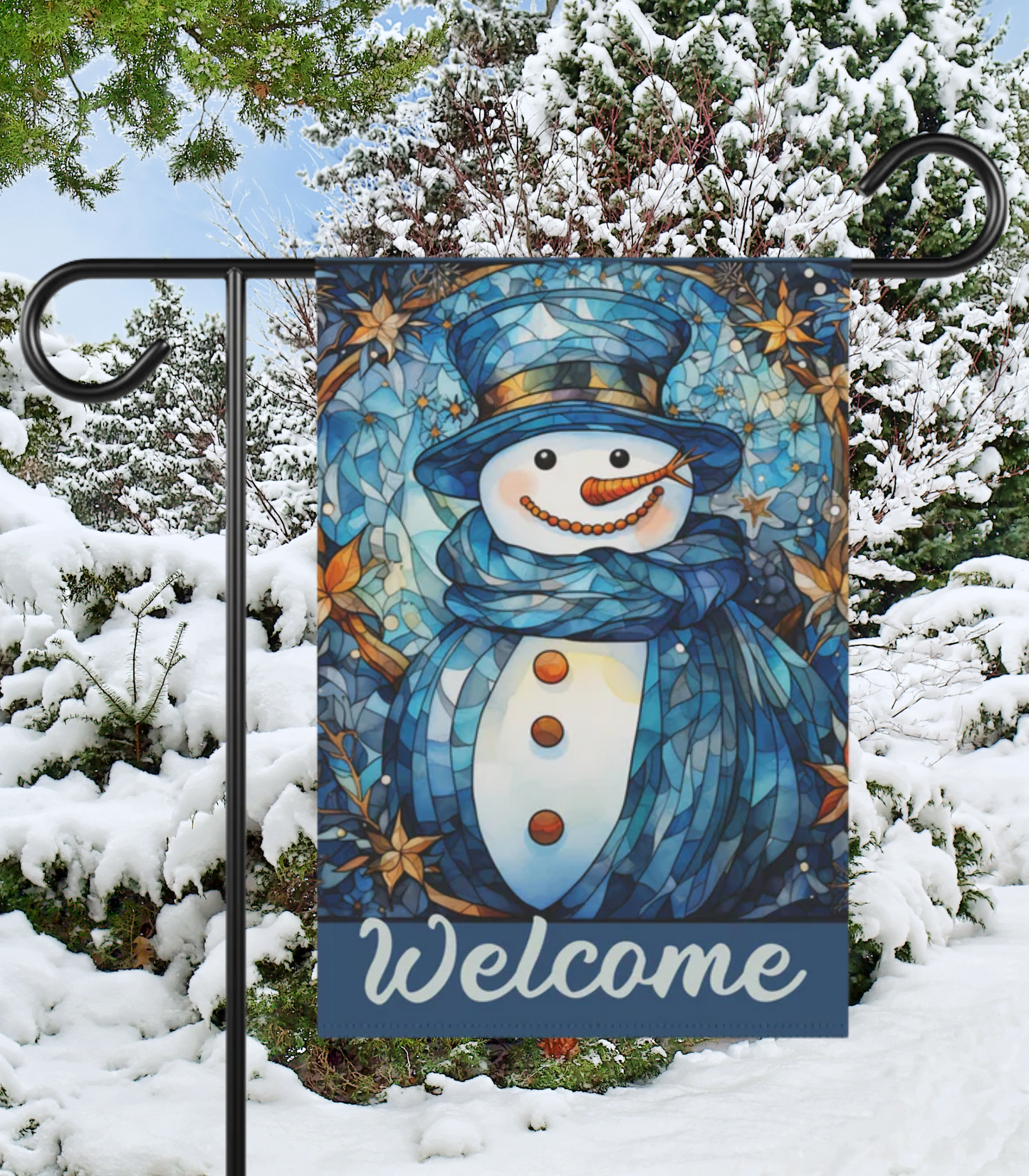 Snowman in Blue Welcome 2-Sided Garden & House Banner