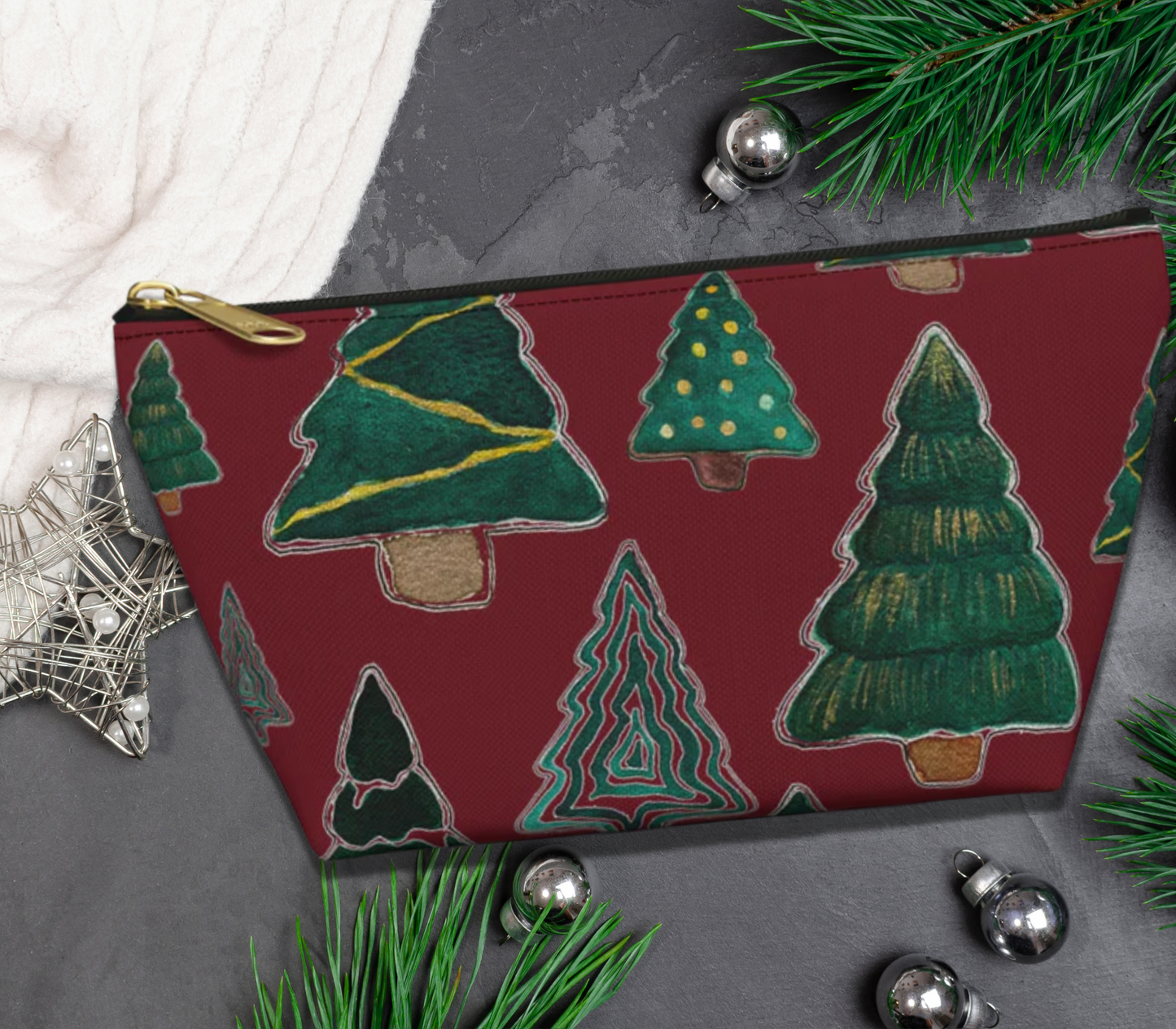 Christmas Tree Cutouts on Maroon Accessory Pouch w T-bottom