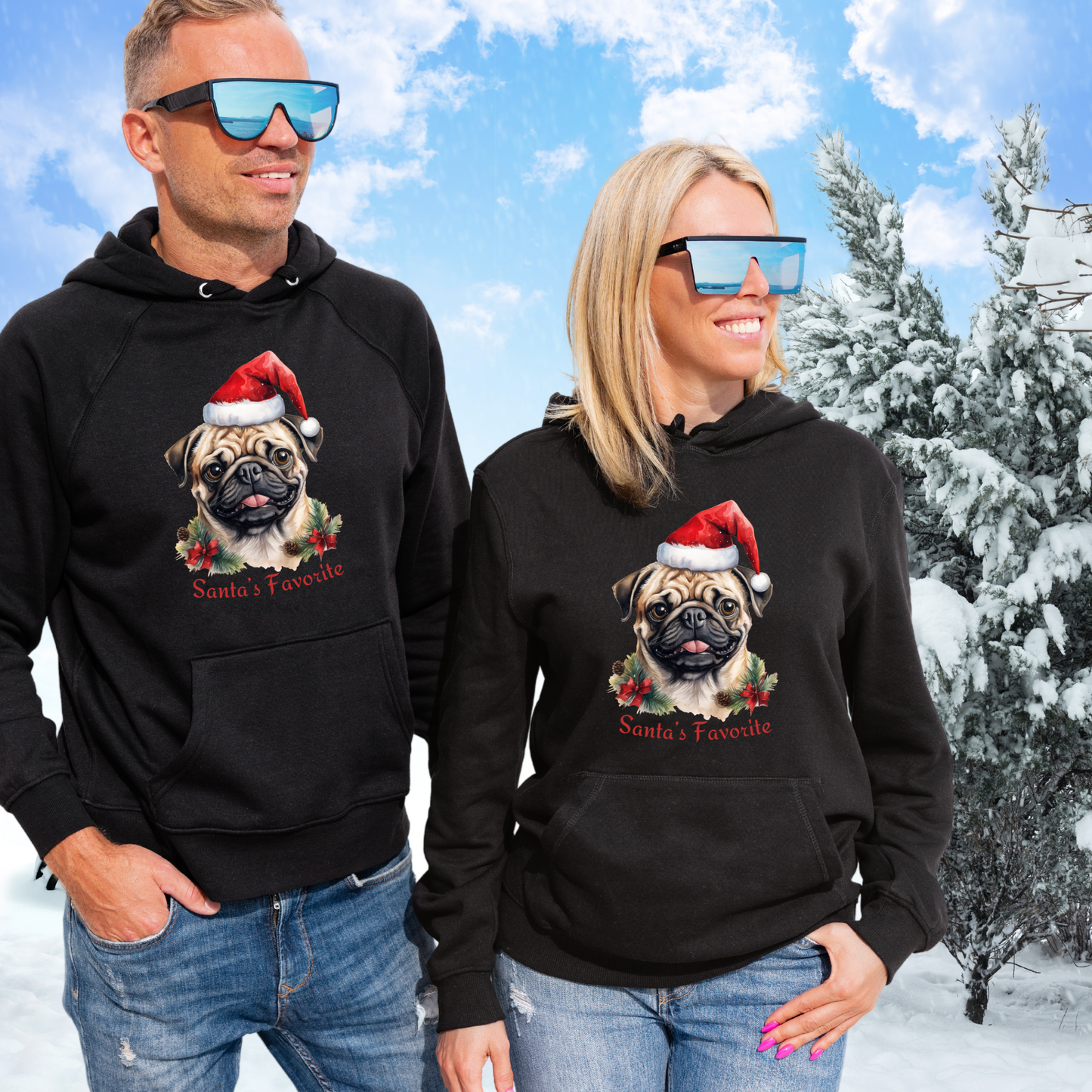 Santa's Favorite Pug in Santa Hat Unisex Heavy Blend™ Hooded Sweatshirt