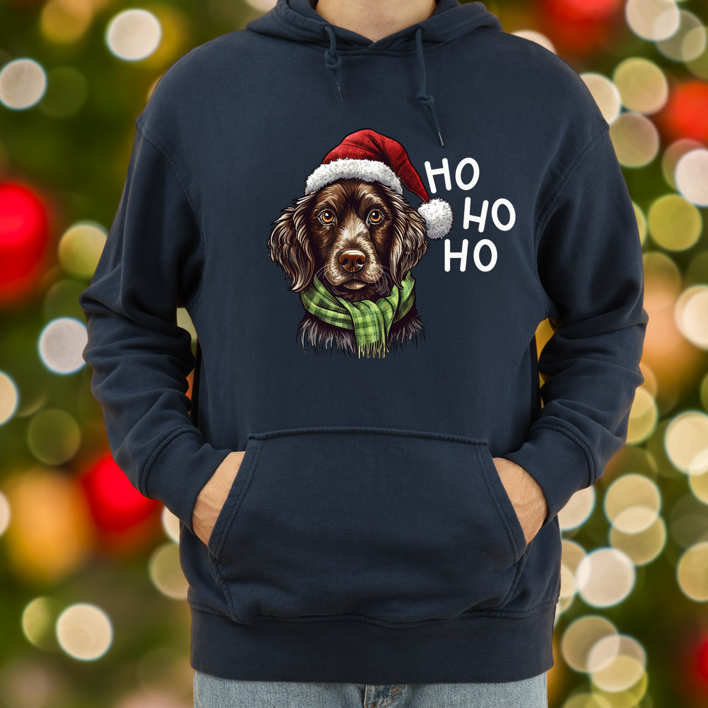 Ho Ho Ho Ready For Christmas Cute Dog in Santa Hat Unisex Heavy Blend™ Hooded Sweatshirt