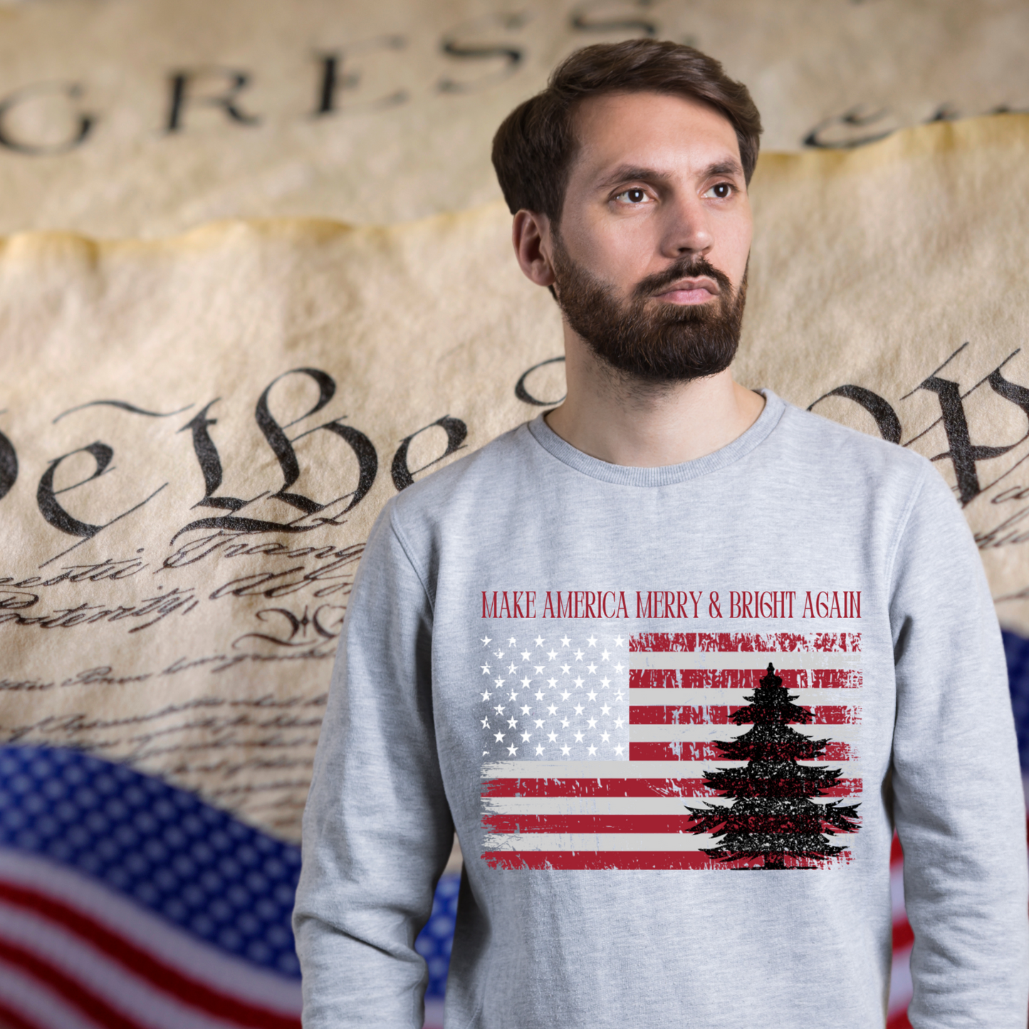 American Flag Make America Merry & Bright Again Unisex Heavy Blend™ Crewneck Sweatshirt