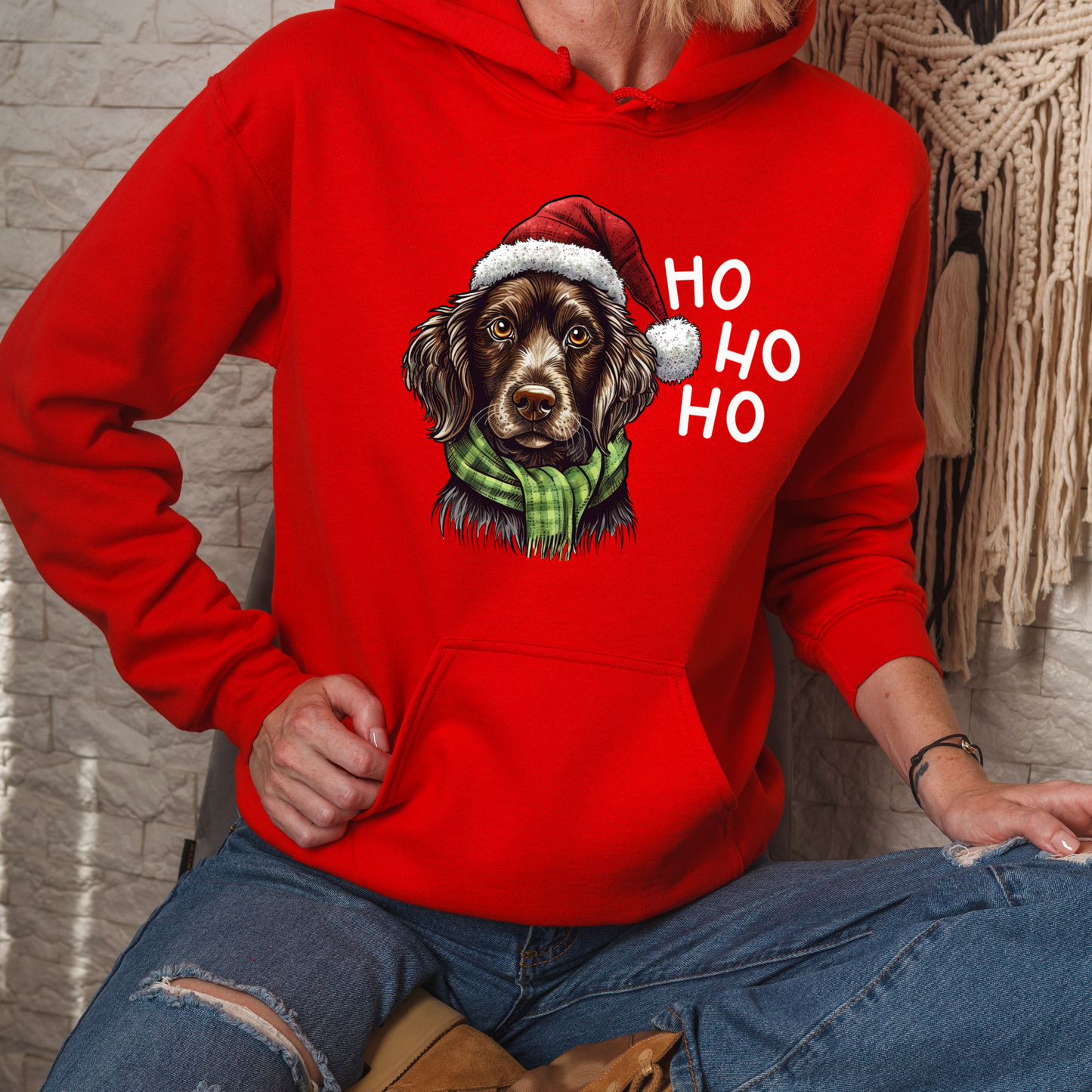 Ho Ho Ho Ready For Christmas Cute Dog in Santa Hat Unisex Heavy Blend™ Hooded Sweatshirt