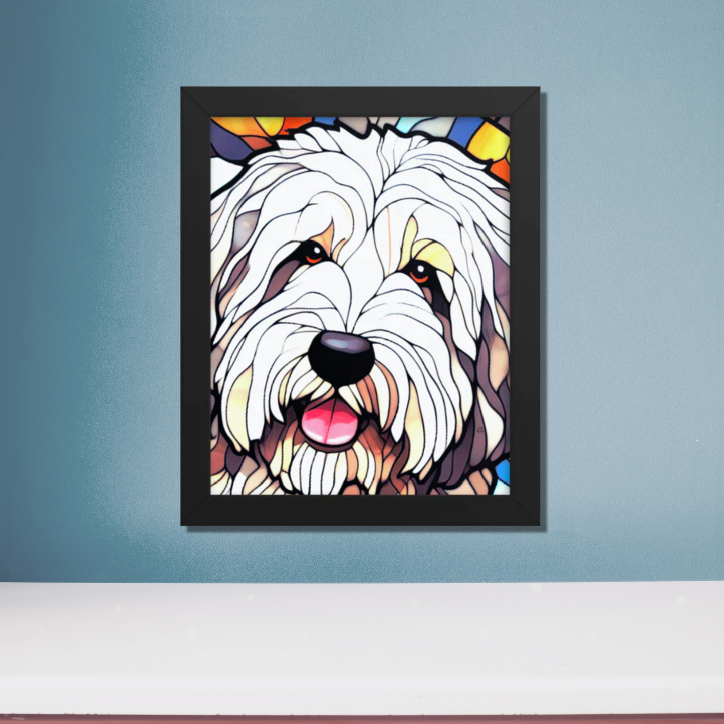 English Sheepdog Stained Glass Look Framed poster