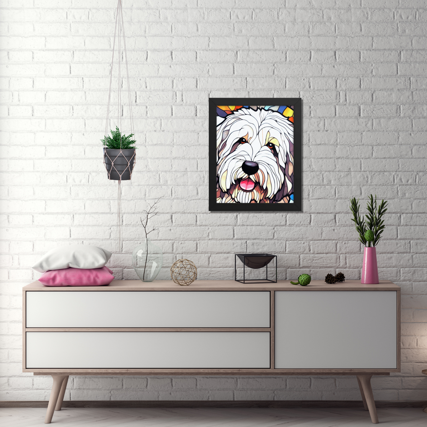 English Sheepdog Stained Glass Look Framed poster