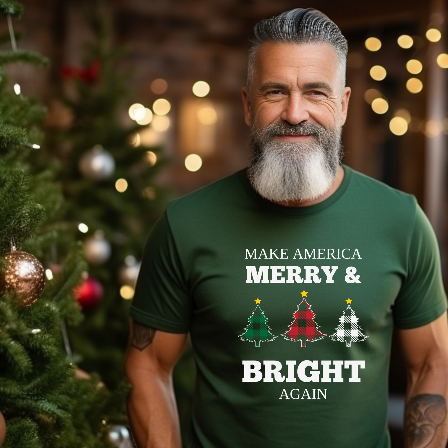 Plaid Trees Make America Merry & Bright Again Unisex Heavy Cotton Tee