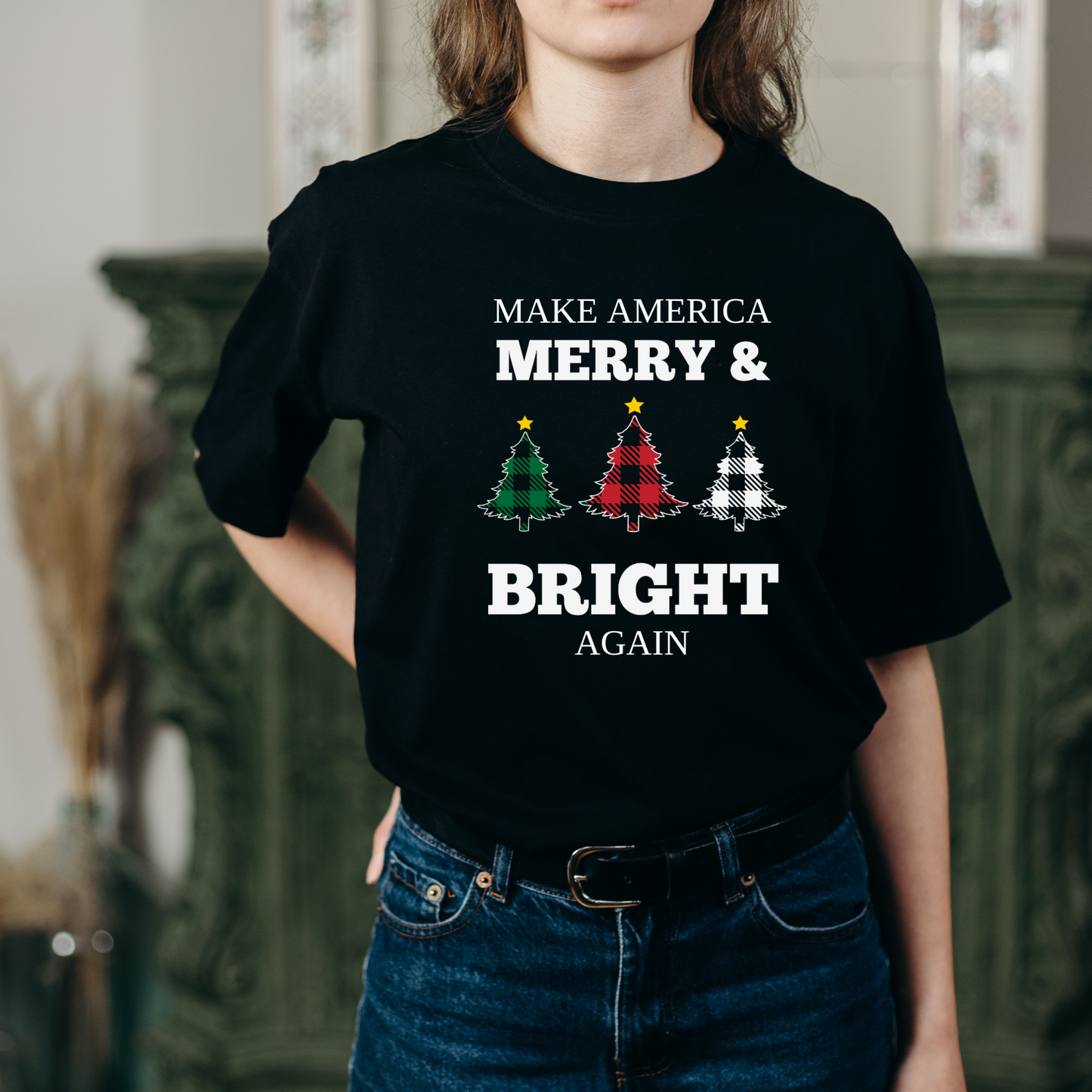 Plaid Trees Make America Merry & Bright Again Unisex Heavy Cotton Tee