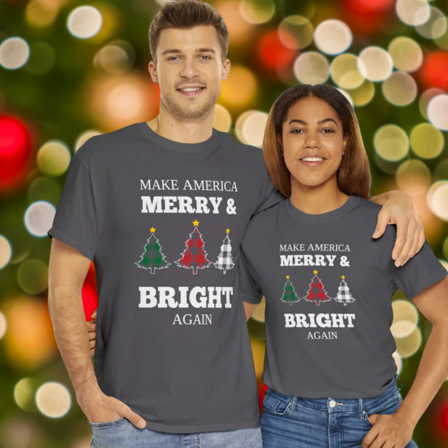 Plaid Trees Make America Merry & Bright Again Unisex Heavy Cotton Tee