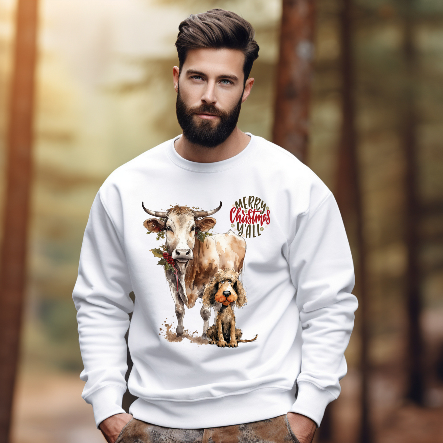 Merry Christmas Y'all Cow & Dog Unisex Heavy Blend™ Crewneck Sweatshirt