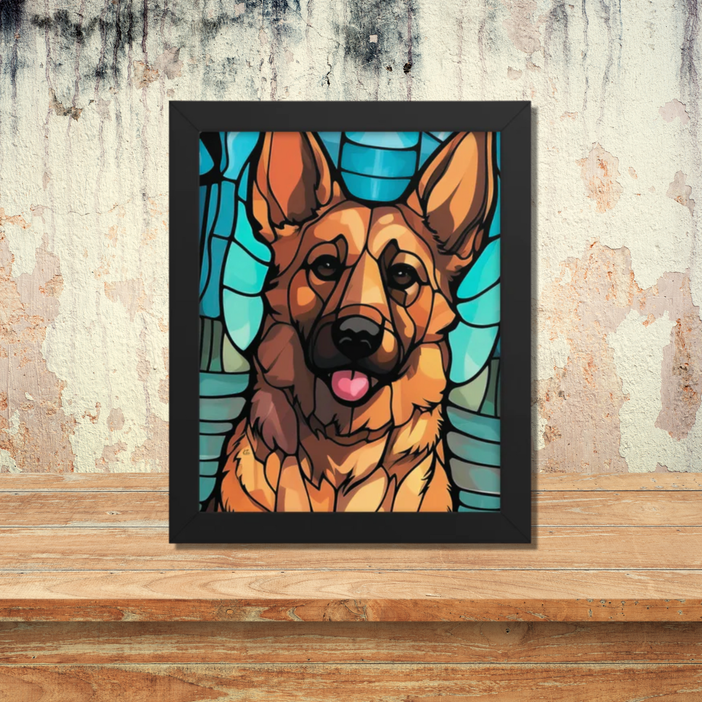 German Shepherd Stained Glass Look Framed poster