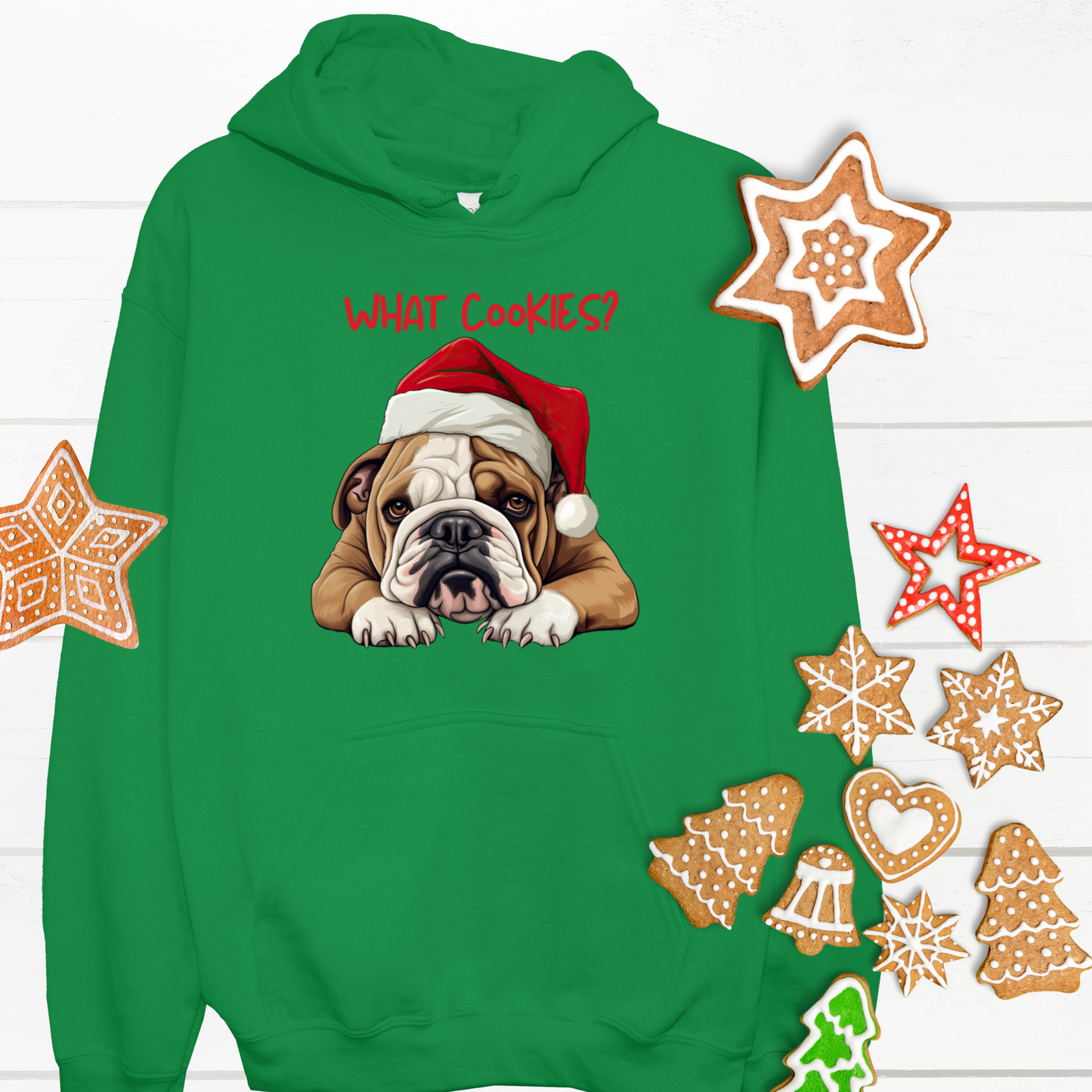 What Cookies? Bulldog in Santa Hat Unisex Heavy Blend™ Hooded Sweatshirt