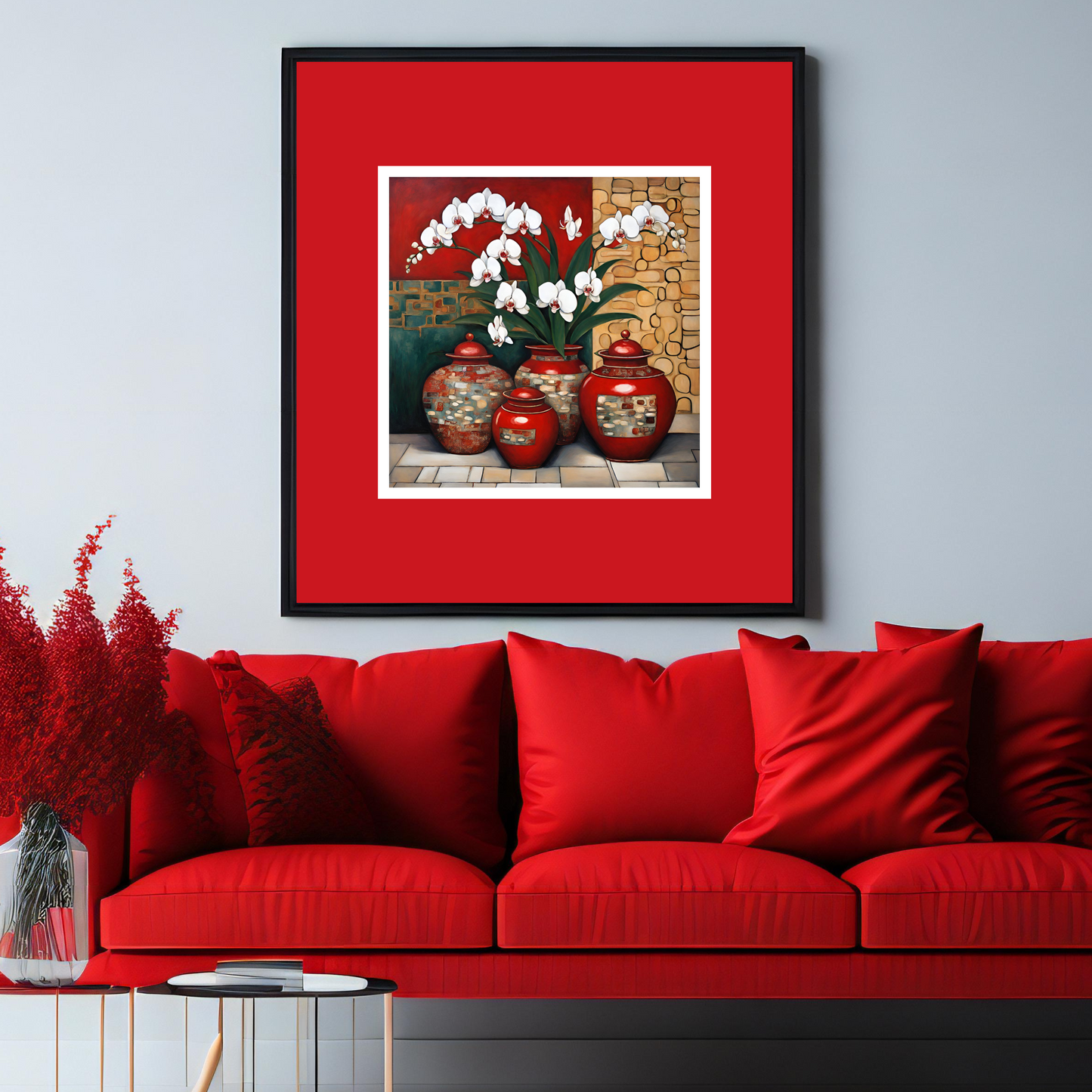 White Orchids & Red Ginger Jars Poster