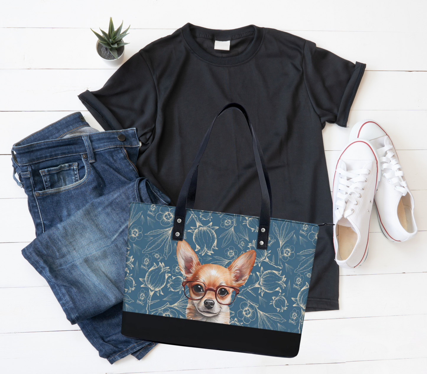 Chihuahua in Glasses PU Leather Handbag Tote