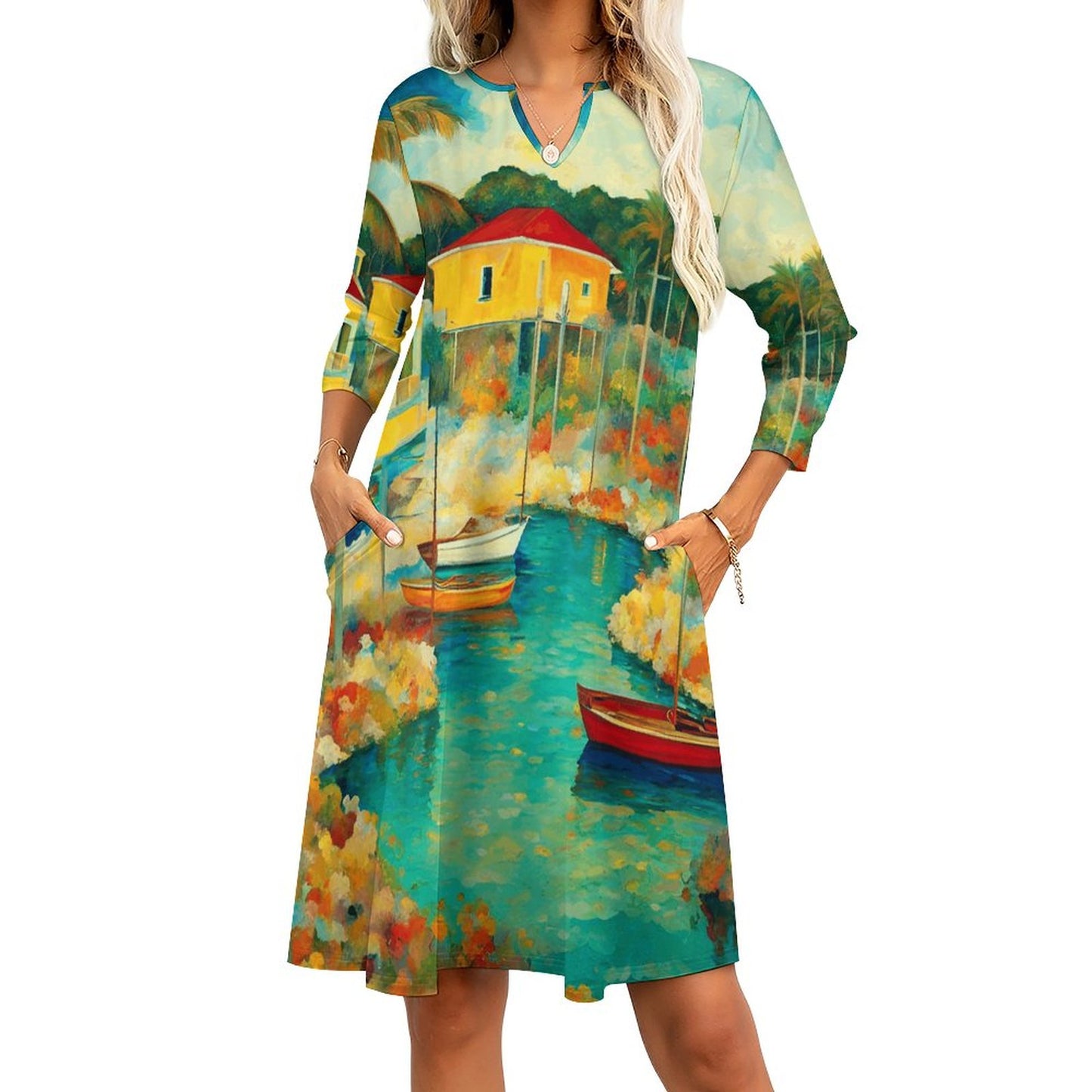 Abacos Bahamas V-neck 3/4 Sleeve Dress with Pockets