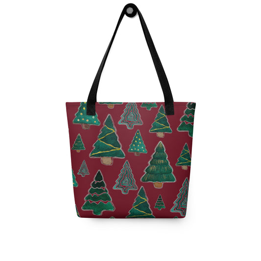 Christmas Tree Cutouts on Maroon Tote bag