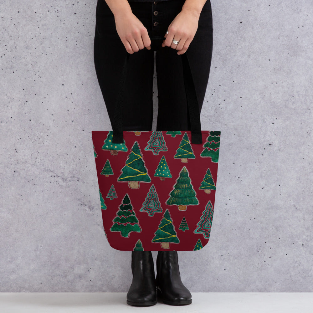 Christmas Tree Cutouts on Maroon Tote bag