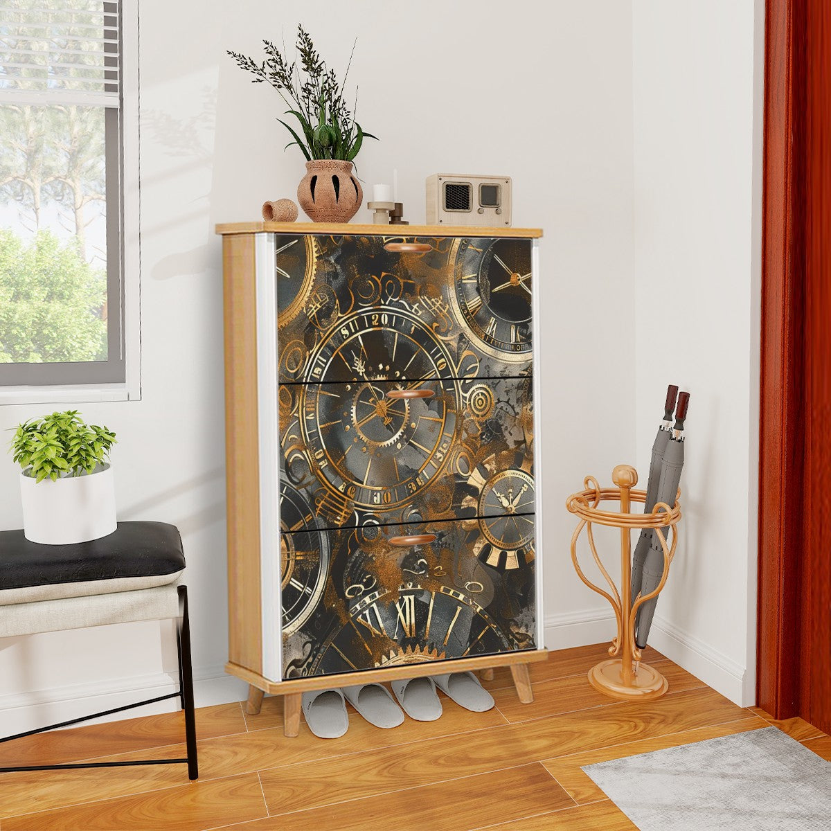 Vintage Mechanical Clocks Shoe Cabinet (Made in USA)