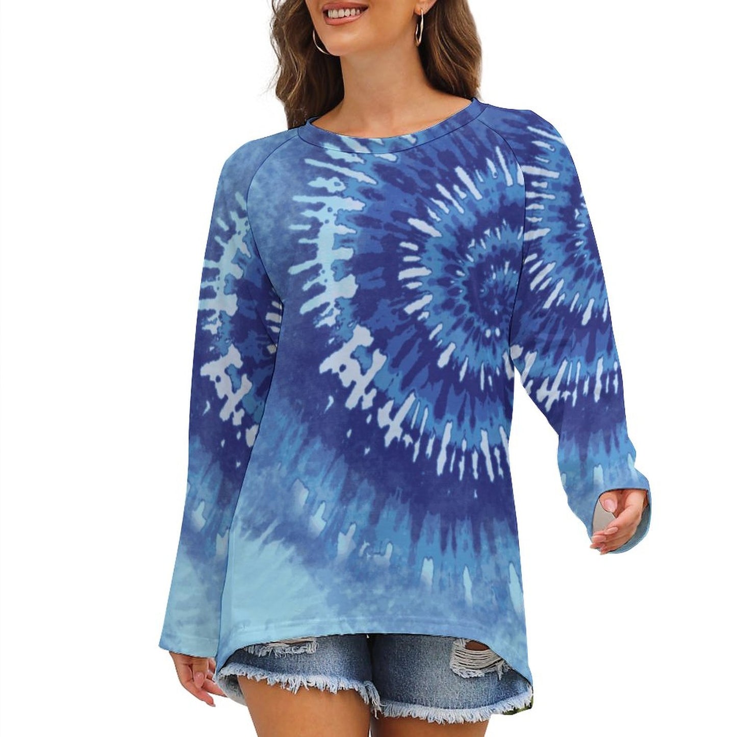 Blue Tie Dye Print Women's Long Sleeve U-Neck T-Shirt