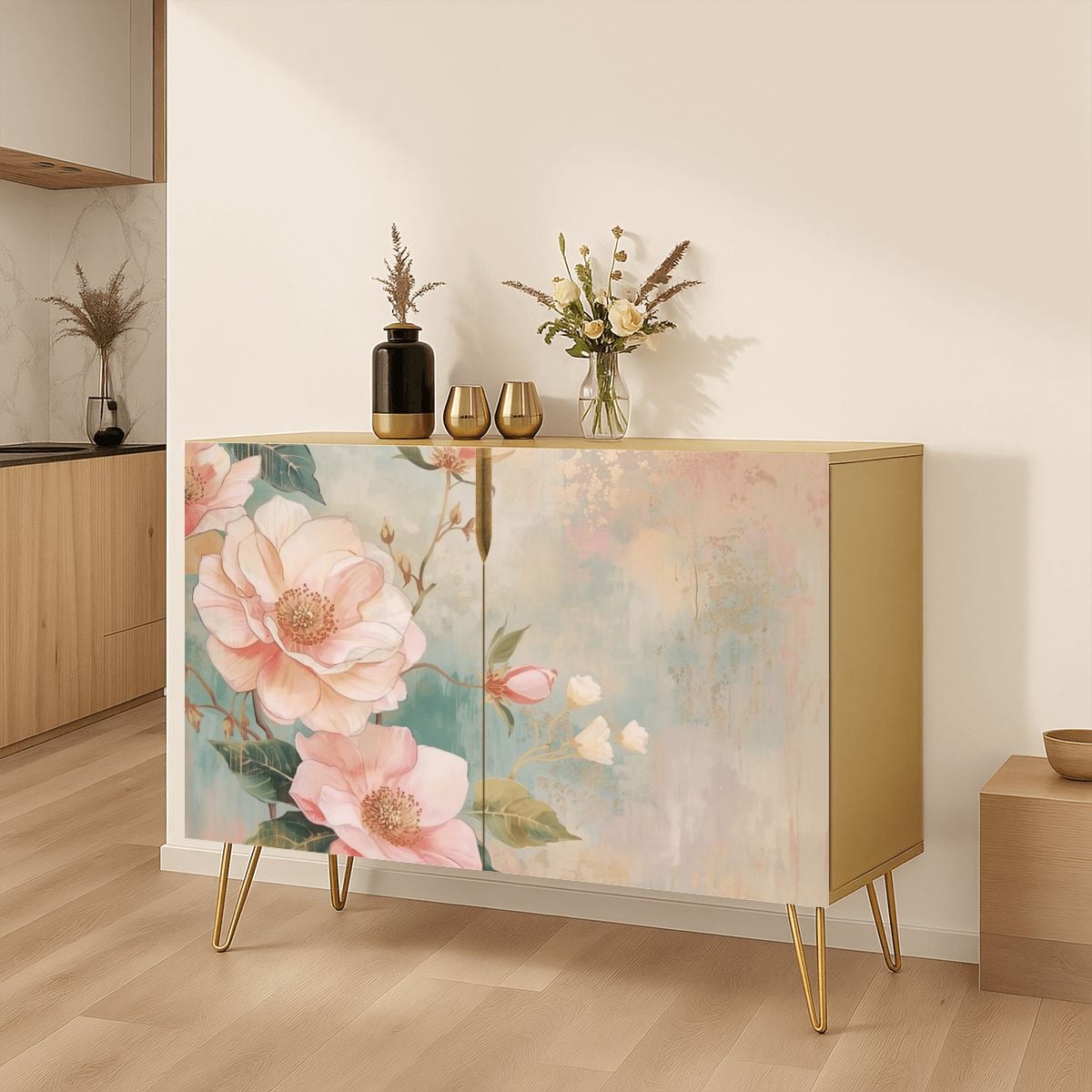Pastel Floral Wooden Storage Cabinet (Made in USA)