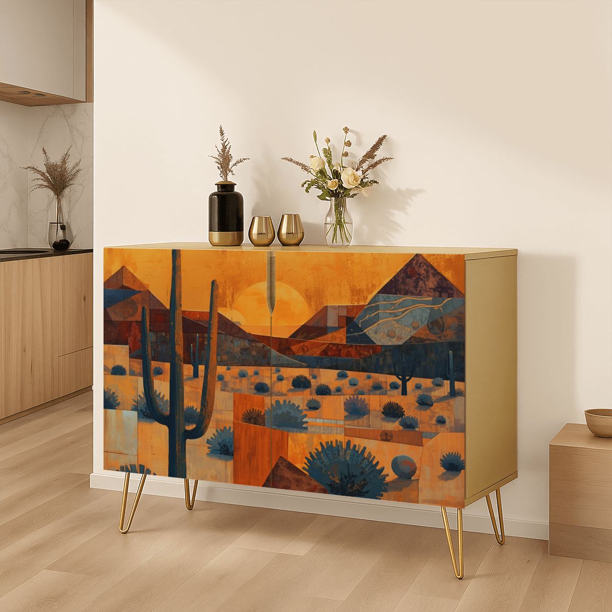 Southwest Desert Abstract Art Wooden Storage Cabinet (Made in USA)