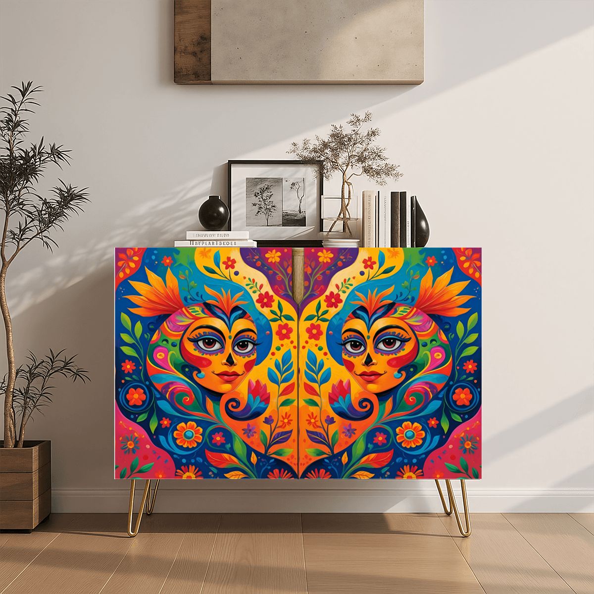 Colorful Mexican Art Wooden Storage Cabinet (Made in USA)