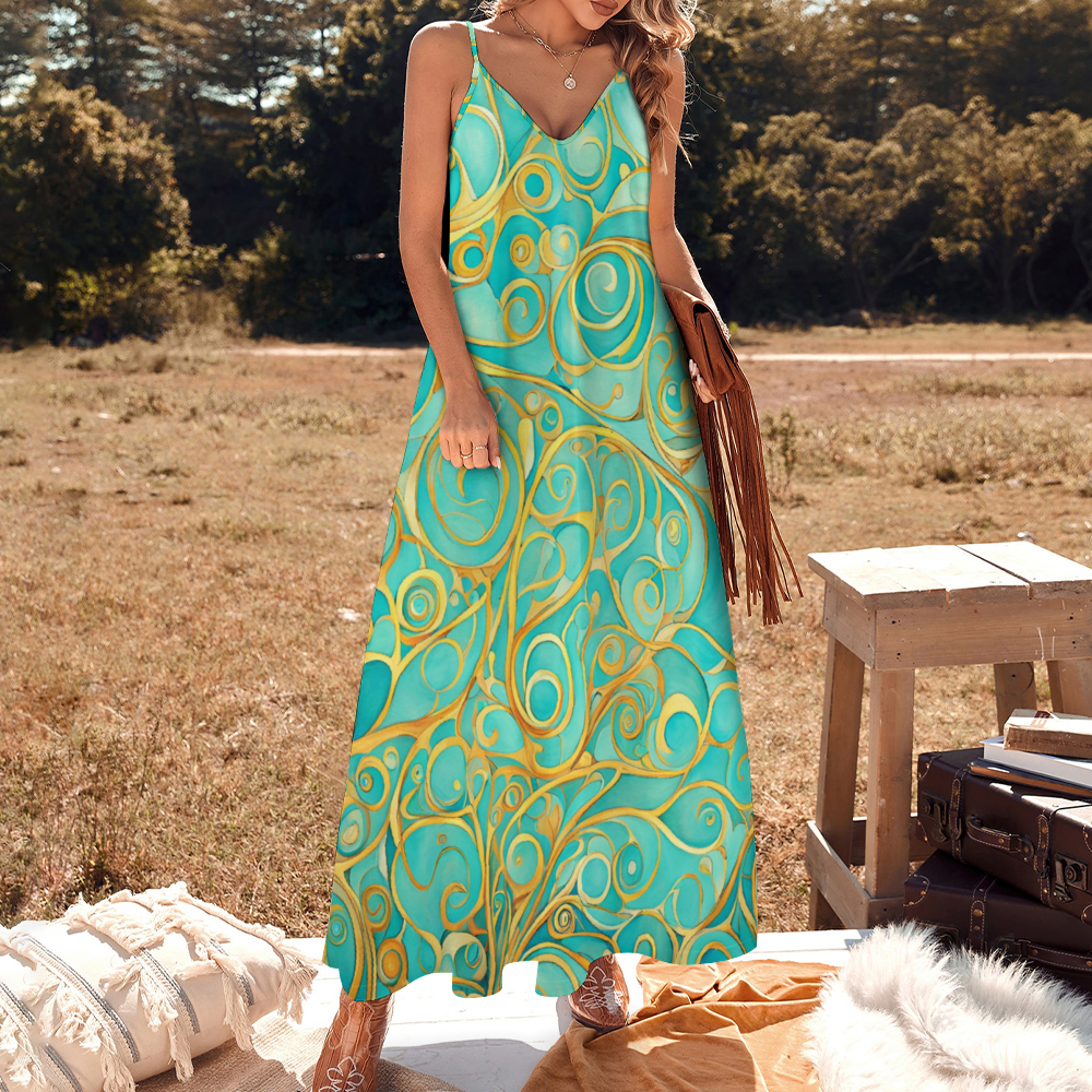 Teal Swirl Women's Summer Fashion Maxi Slip Dress