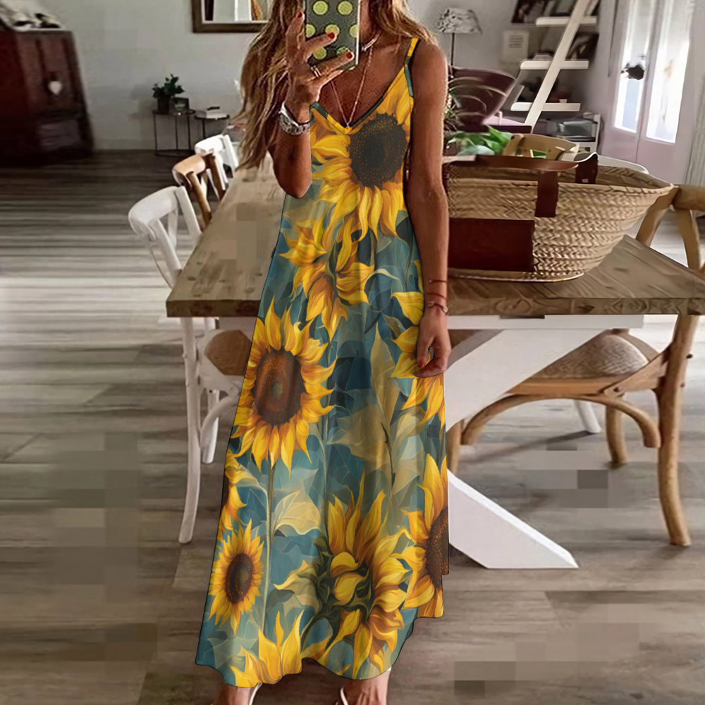 Sunflowers Women's Summer Fashion Maxi Slip Dress
