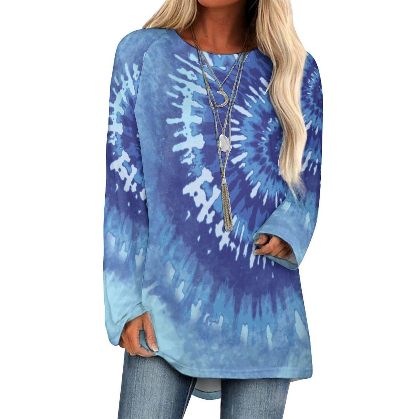 Blue Tie Dye Print Women's Long Sleeve U-Neck T-Shirt