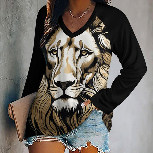 Lion V-neck Loose Long Sleeve T-shirt