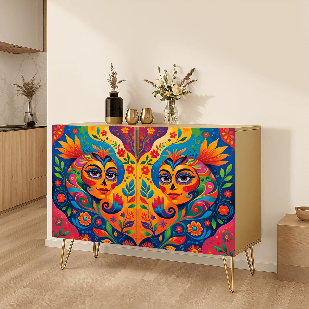 Colorful Mexican Art Wooden Storage Cabinet (Made in USA)
