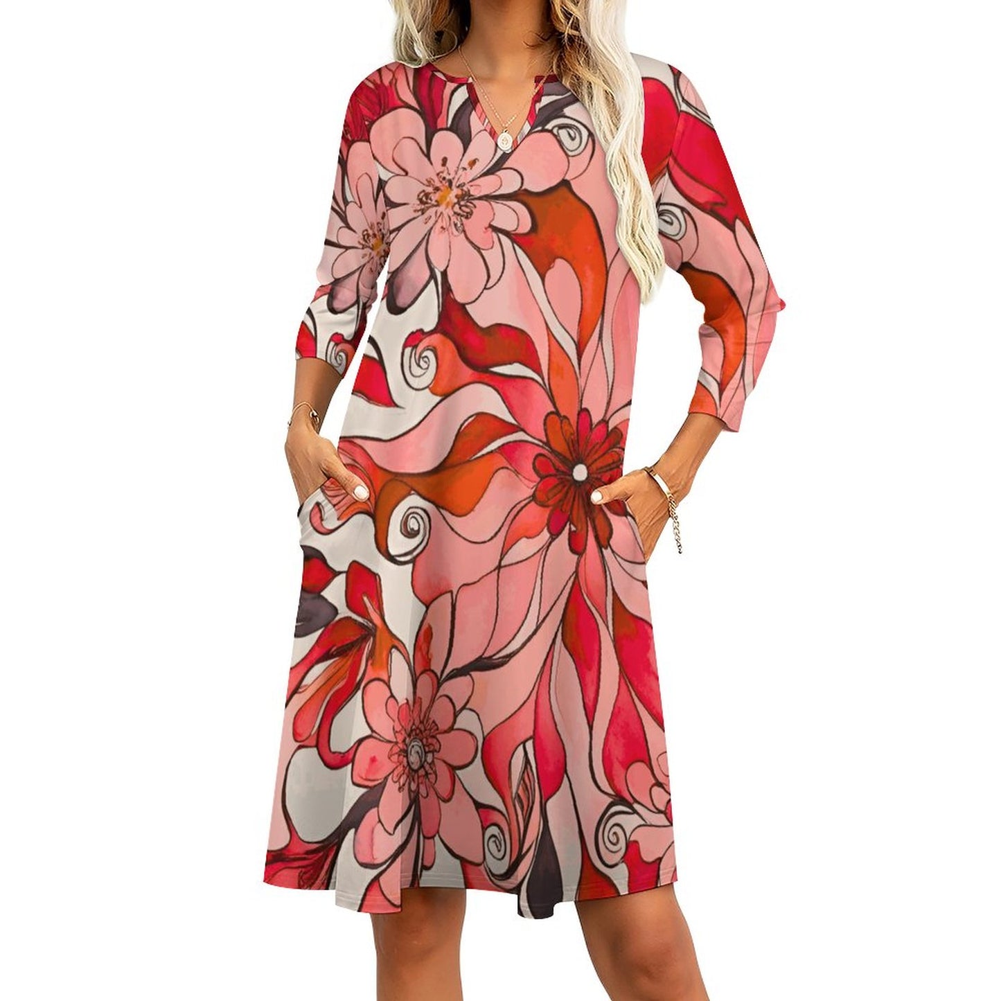 Aubrey V-neck 3/4 Sleeve Dress with Pockets