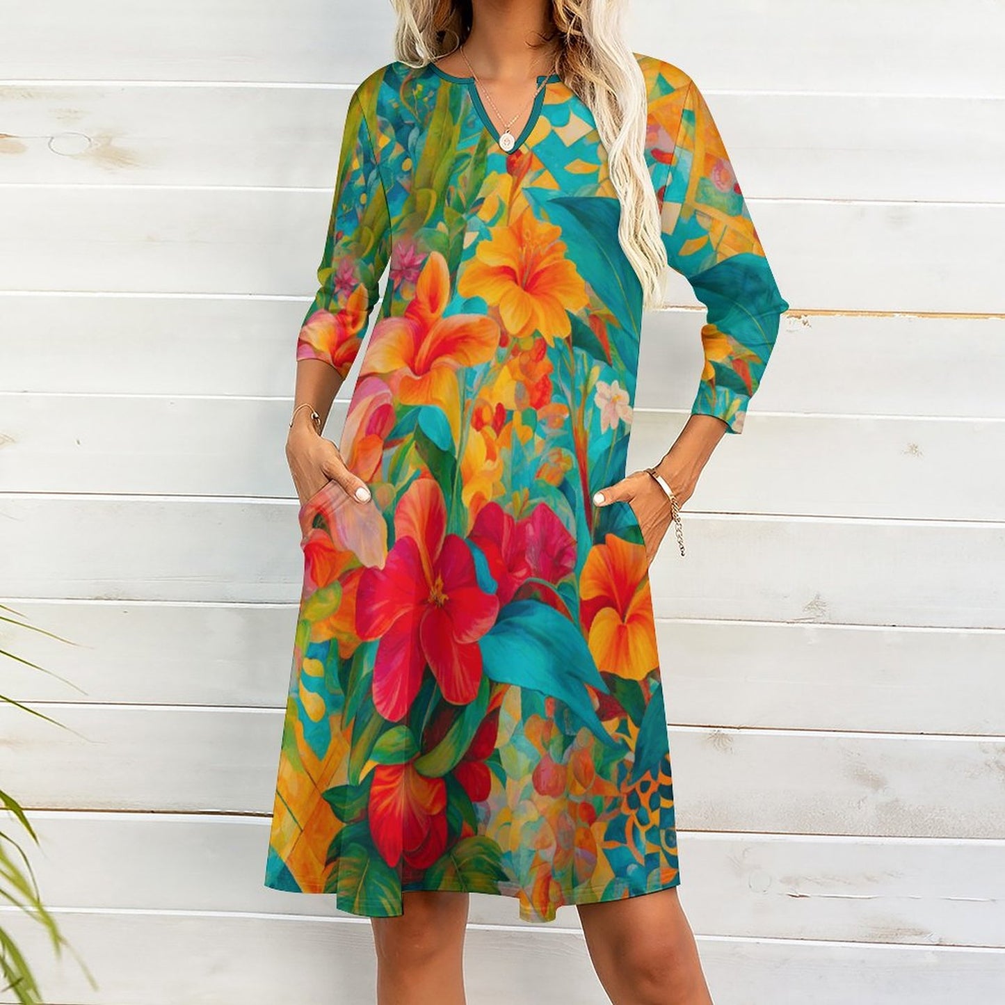 Aruba V-neck 3/4 Sleeve Dress with Pockets