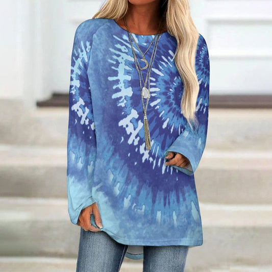 Blue Tie Dye Print Women's Long Sleeve U-Neck T-Shirt