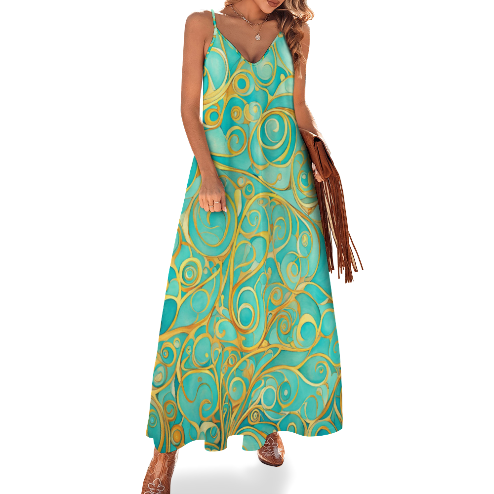 Teal Swirl Women's Summer Fashion Maxi Slip Dress