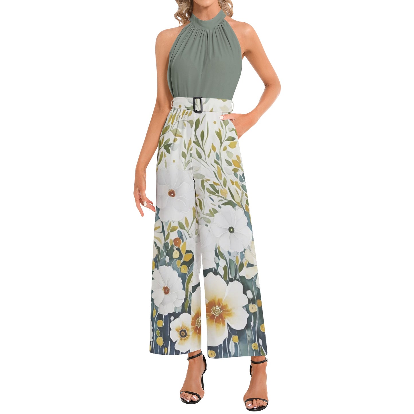 Tiffany Halter Neck Buckle Belted Jumpsuit