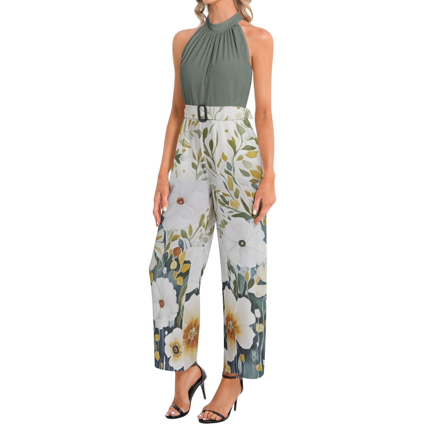 Tiffany Halter Neck Buckle Belted Jumpsuit