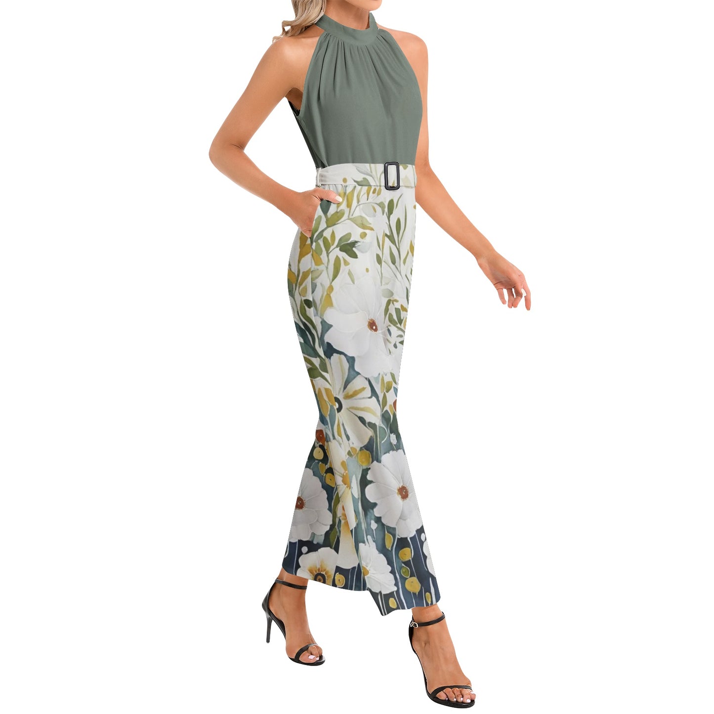 Tiffany Halter Neck Buckle Belted Jumpsuit