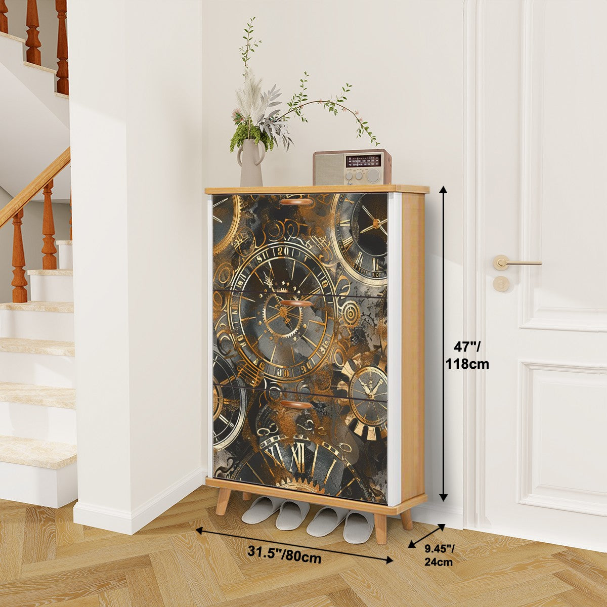 Vintage Mechanical Clocks Shoe Cabinet (Made in USA)