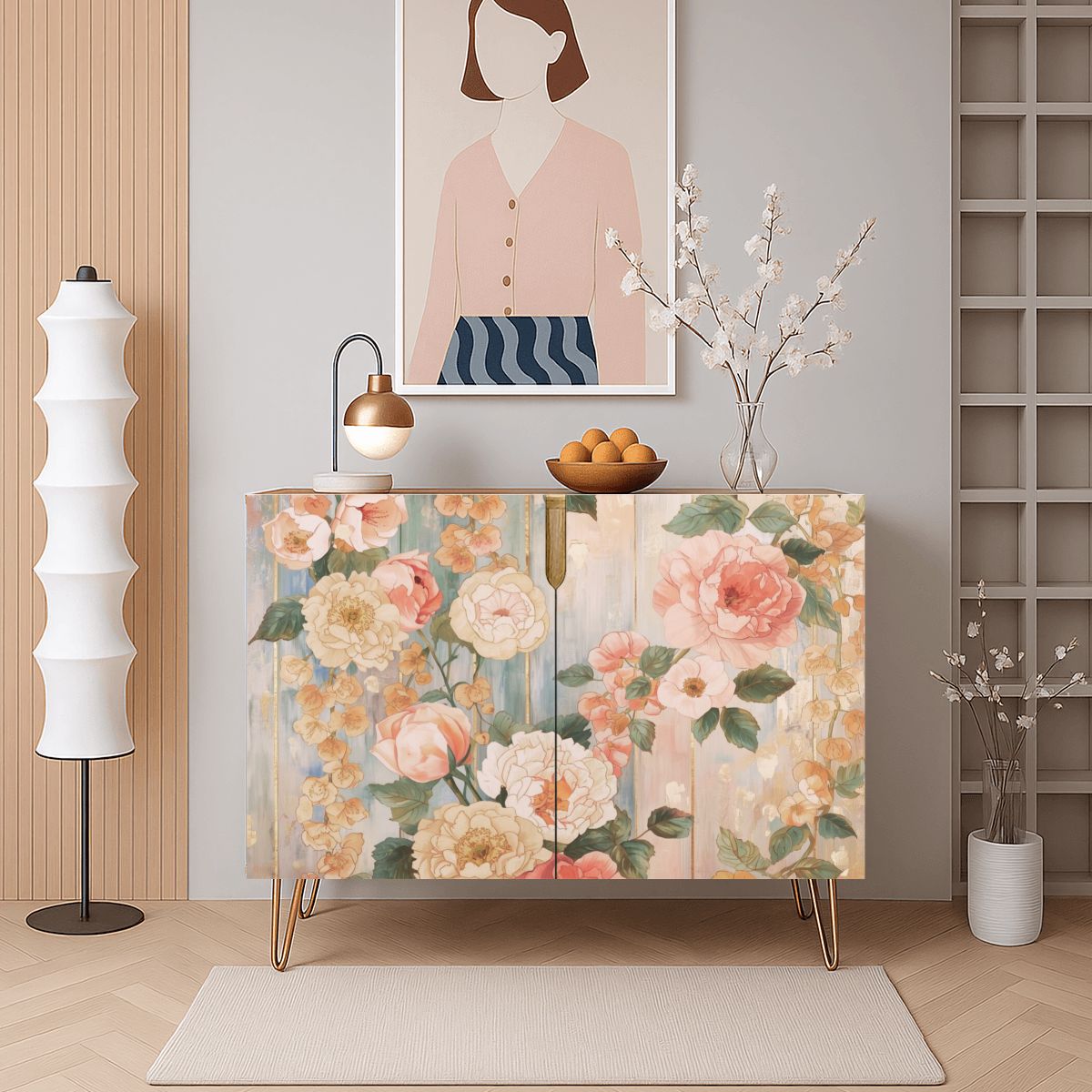 Pastel Floral Wooden Storage Cabinet (Made in USA)