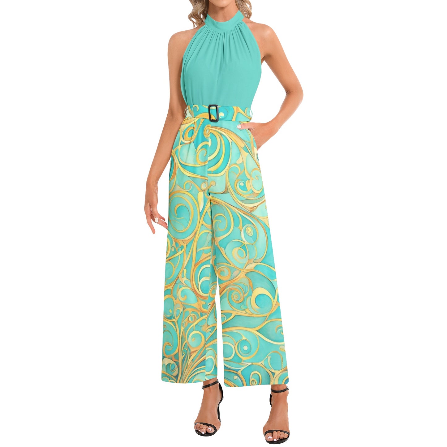 Teal Swirl Halter Neck Buckle Belted Jumpsuit