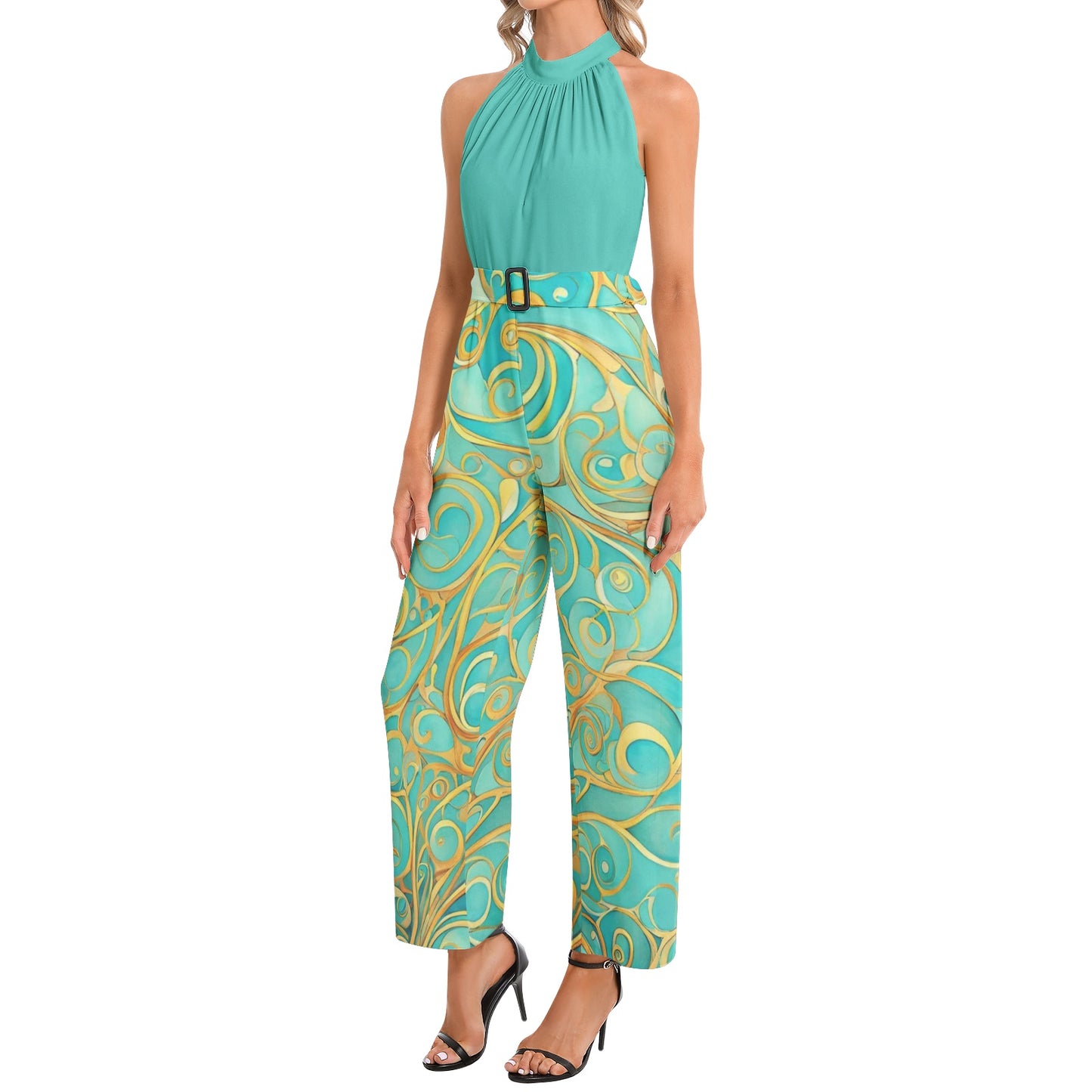 Teal Swirl Halter Neck Buckle Belted Jumpsuit