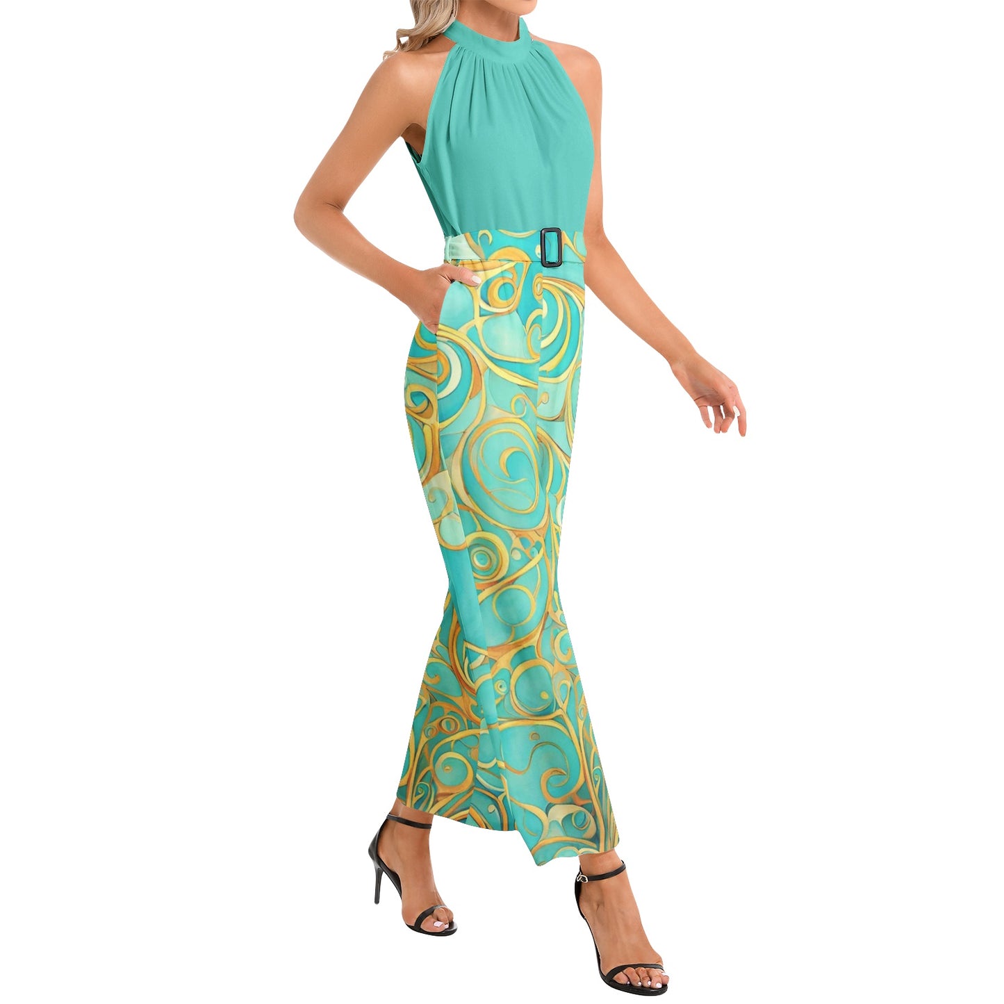 Teal Swirl Halter Neck Buckle Belted Jumpsuit
