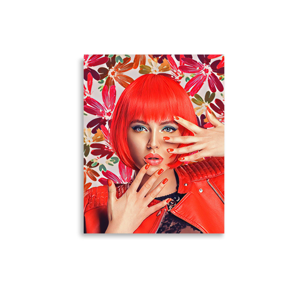 Shanna Woman with Red Bob Hair Flowers Background Art Poster